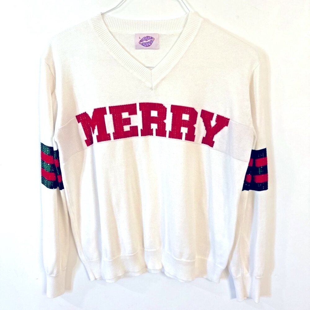 White 'Merry' Sweater with Red and Blue Accents
